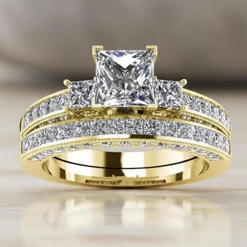 Gold Plated S925 Sterling Silver 2.5ct Princess Cut CZ Ring Set Size 6